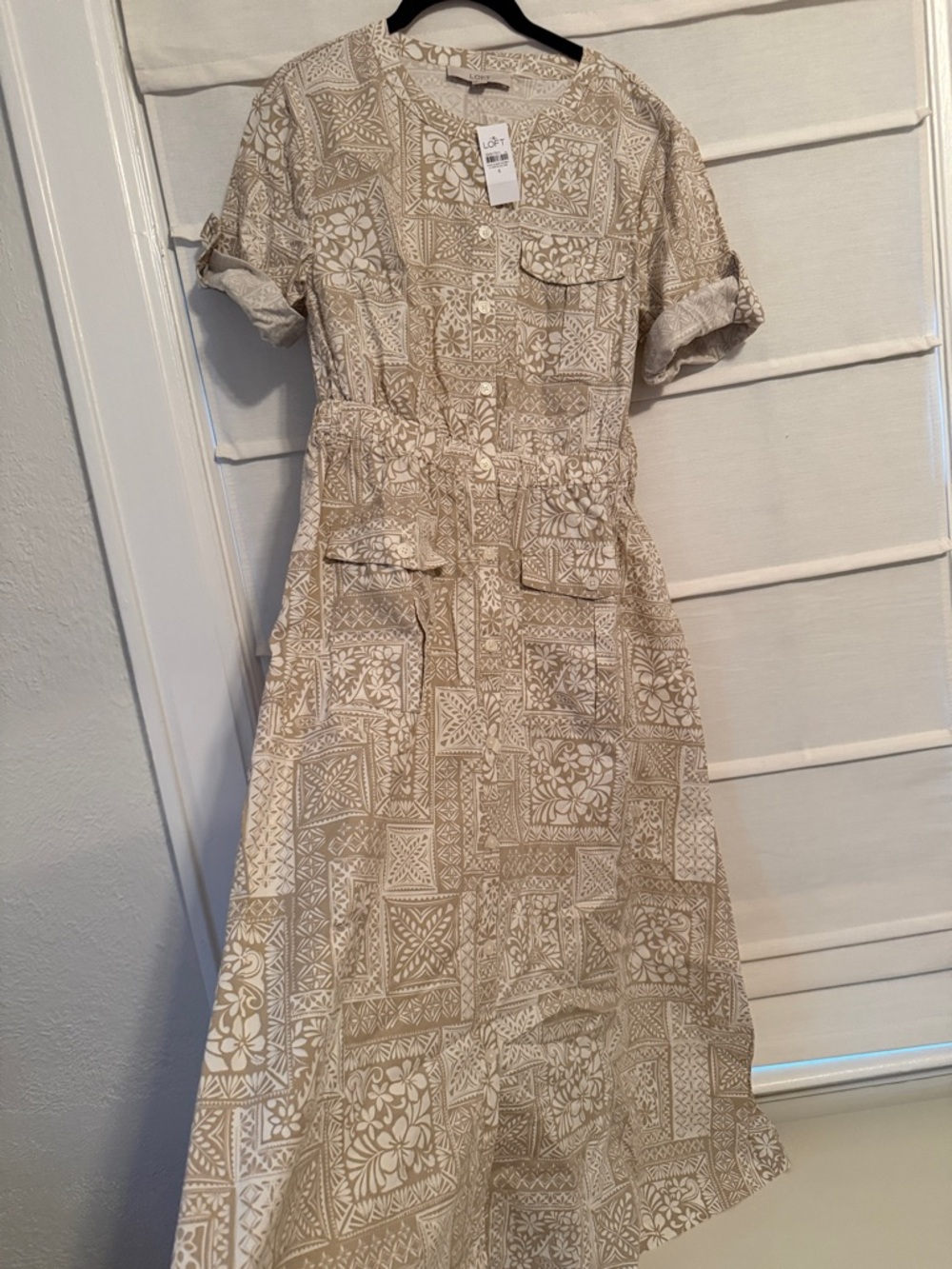 LOFT Cream & Beige Printed Short-Sleeve Midi Dress